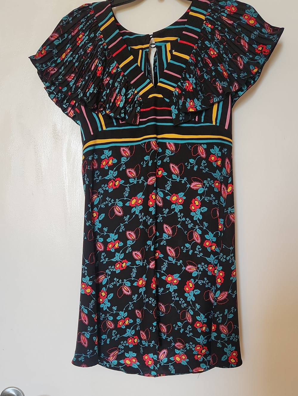 Betsey Johnson Black Floral Mini Dress with Teal, Red & Multicolor Floral.